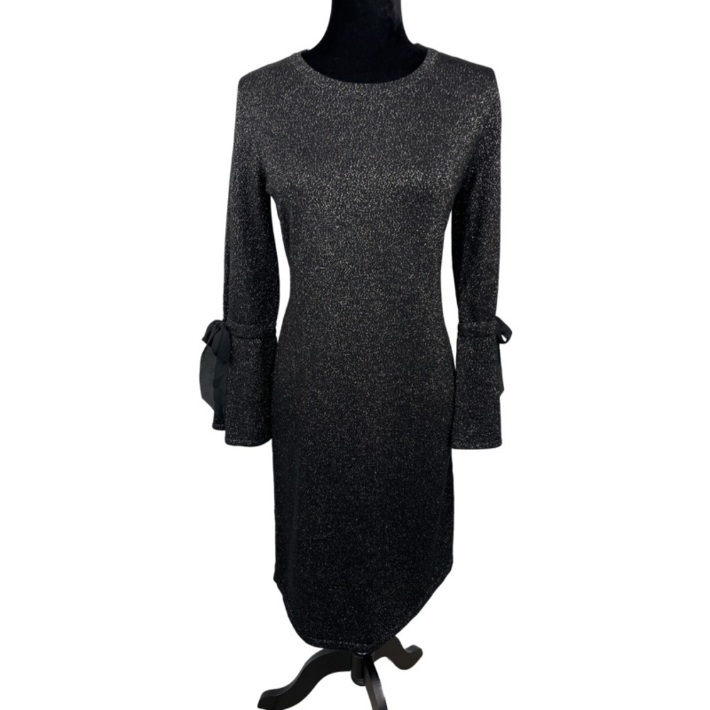 ✅ RSVP by Talbots Black Metallic Sparkle Midi Dress Wool Blend Bell Sleeves S